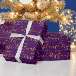 Goud en paarse vrolijk kerstwoord kunst cadeaupapier