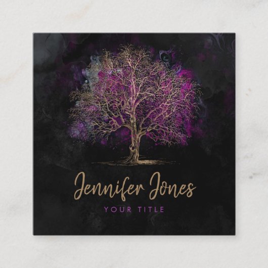 Goud en Paarse Waterverf Vierkante Visitekaartje (Voorkant)