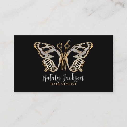 Goud en parel Schaar en Vlinder Stijlvol Visitekaartje (Voorkant)
