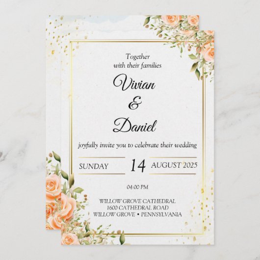 Goud en perzik bloemen bruiloft uitnodiging (Voorkant / Achterkant)