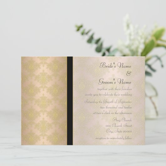 Goud en perzik Damask huwelijksuitnodigingen Kaart (Staand voorkant)