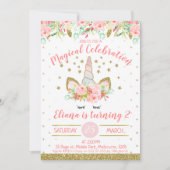 Goud en perzik Eenhoorn Gezicht Verjaardag Uitnodi Kaart (Voorkant)