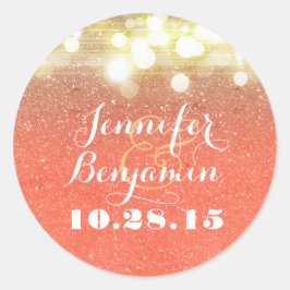 Goud en perzik Glitter String Lights Bruiloft Ronde Sticker