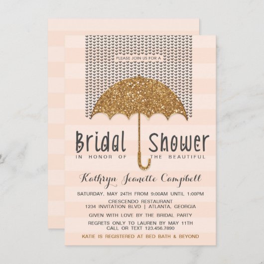 Goud en perzikenparaplu en harten Vrijgezellenfees Kaart (Voorkant / Achterkant)