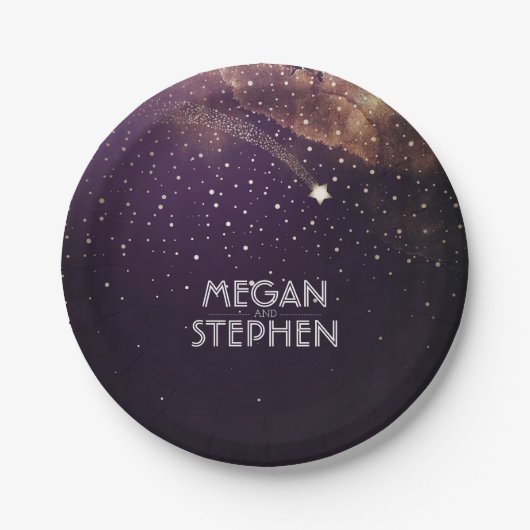 Goud en Plum Shooting Star Night Wedding Papieren Bordje (Voorkant)