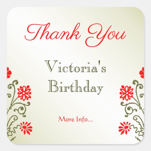 Goud en rode bloemen dank u Elegant Etsen Vierkante Sticker (Voorkant)