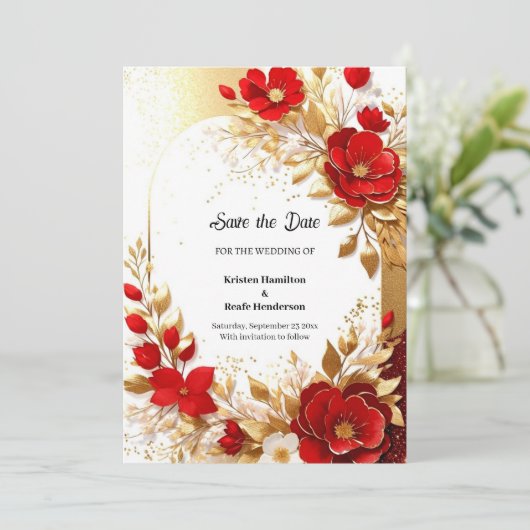 Goud en Rode Bruiloft Save The Date (Staand voorkant)