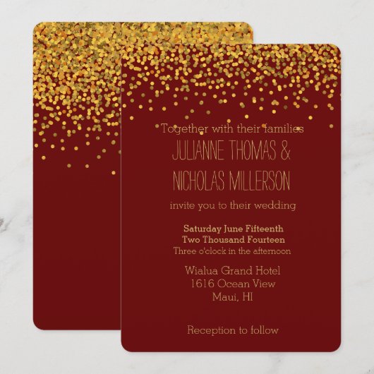 Goud en Rode Confetti Stippen Bruiloft Kaart (Voorkant / Achterkant)