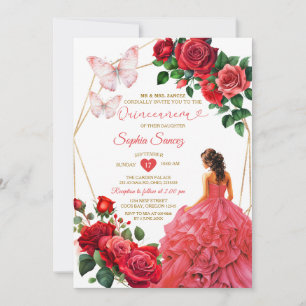 Goud en rode jurk Floral Princess Quinceañera Kaart