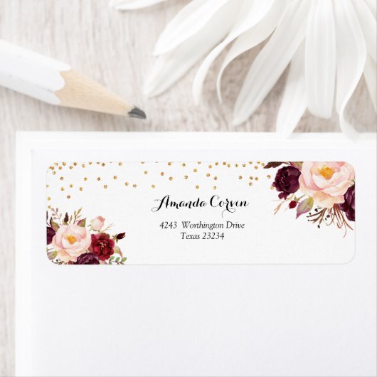 Goud en Rode Marsala Bloemen Herfst in Liefde Etiket (Insitu)