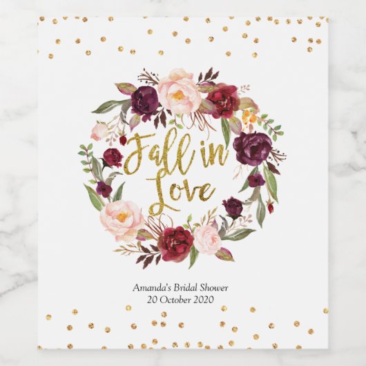 Goud en Rode Marsala Bloemen Herfst in Liefde Wijn Etiket (Enkel label)