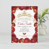 Goud en Rode Rozen Mis Quince Verjaardag Uitnodigi Kaart (Staand voorkant)