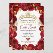 Goud en Rode Rozen Mis Quince Verjaardag Uitnodigi Kaart (Voorkant / Achterkant)