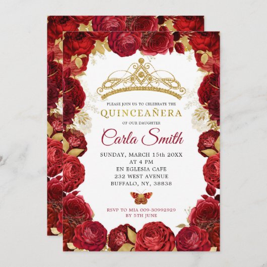 Goud en Rode Rozen Mis Quince Verjaardag Uitnodigi Kaart (Voorkant / Achterkant)
