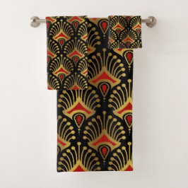 Goud en rood Art Deco-patroon op zwart Bad Handdoek