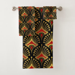 Goud en rood Art Deco-patroon op zwart Bad Handdoek