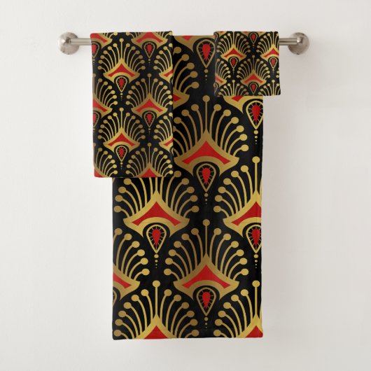 Goud en rood Art Deco-patroon op zwart Bad Handdoek (Insitu)