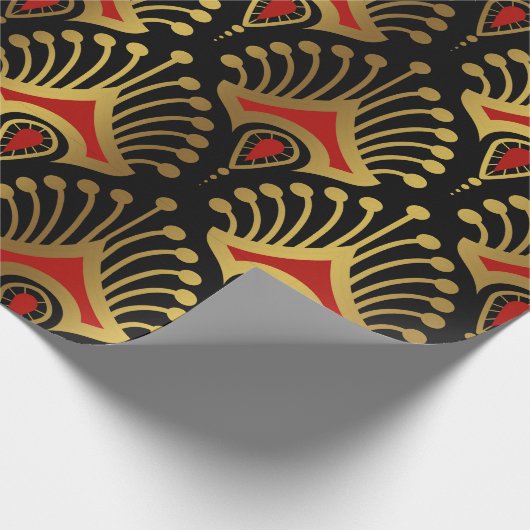 Goud en rood Art Deco-patroon op zwart Cadeaupapier (Hoek)