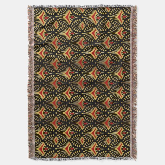 Goud en rood Art Deco-patroon op zwart Deken (Voorkant Verticaal)