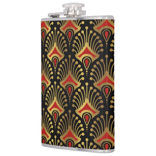 Goud en rood Art Deco-patroon op zwart Heupfles (Links)