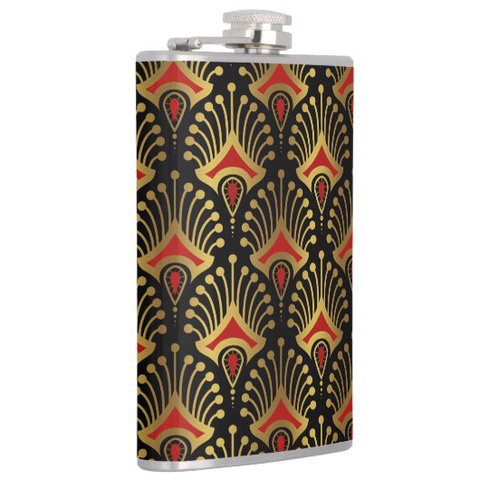 Goud en rood Art Deco-patroon op zwart Heupfles (Rechts)