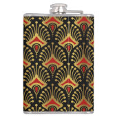 Goud en rood Art Deco-patroon op zwart Heupfles (Achterkant)