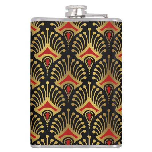 Goud en rood Art Deco-patroon op zwart Heupfles (Achterkant)