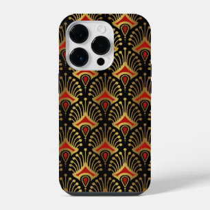 Goud en rood Art Deco patroon op zwart iPhone 14 Plus Hoesje
