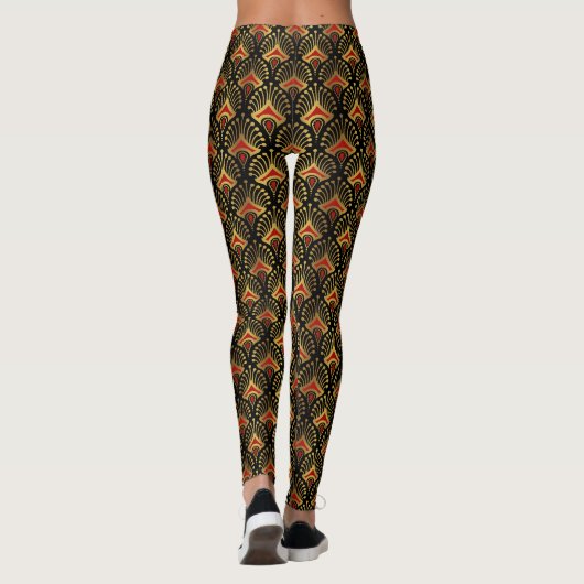Goud en rood Art Deco-patroon op zwart Leggings (Achterkant)