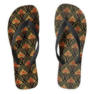 Goud en rood Art Deco-patroon op zwart Teenslippers