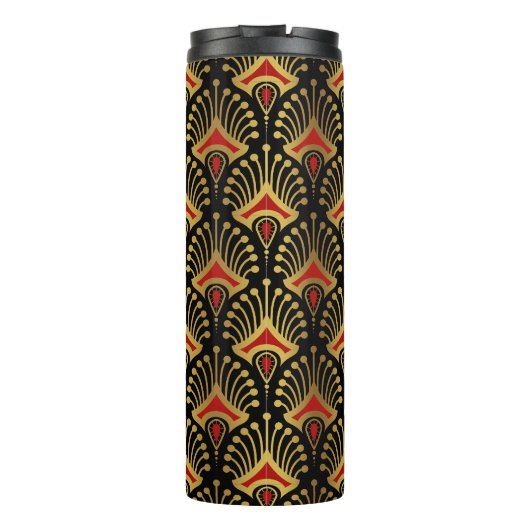 Goud en rood Art Deco-patroon op zwart Thermosbeker (Achterkant)