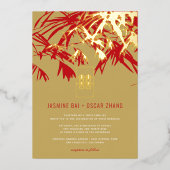 Goud en rood bamboe vertrekt dubbelzijdig Chinees Folie Uitnodiging (Voorkant)