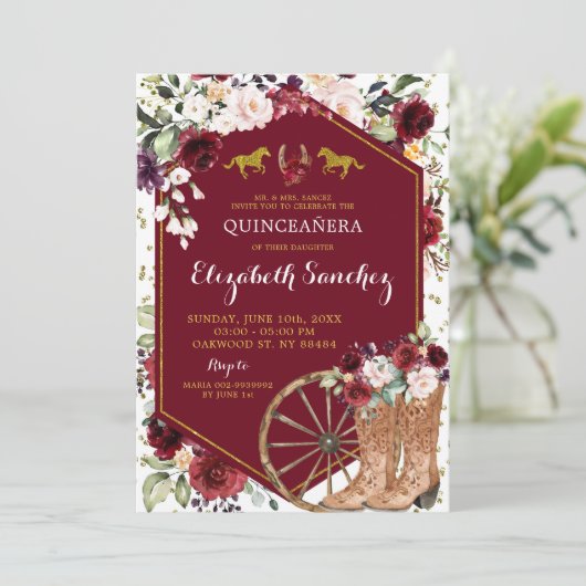 Goud en rood Bourgondië Western Charra Quinceañera Kaart (Staand voorkant)