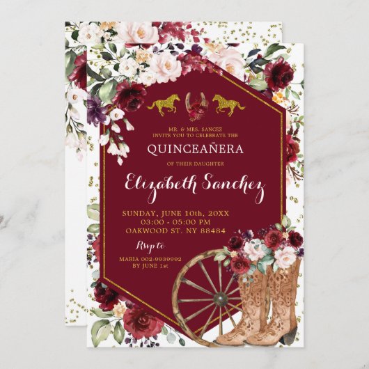 Goud en rood Bourgondië Western Charra Quinceañera Kaart (Voorkant / Achterkant)