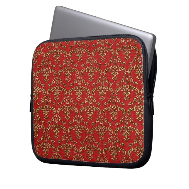 Goud en rood Damaskpatroon Laptop Sleeve (Voorkant Links)