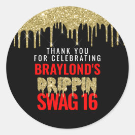 Goud en Rood Drippin Swag 16 Verjaardag Ronde Sticker