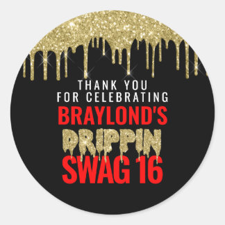 Goud en Rood Drippin Swag 16 Verjaardag Ronde Sticker