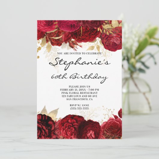 Goud en rood Floral Borders 60e verjaardag Kaart (Staand voorkant)