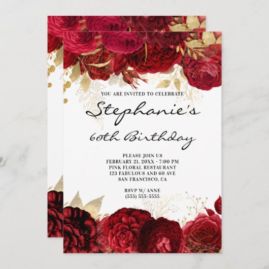 Goud en rood Floral Borders 60e verjaardag Kaart (Voorkant / Achterkant)