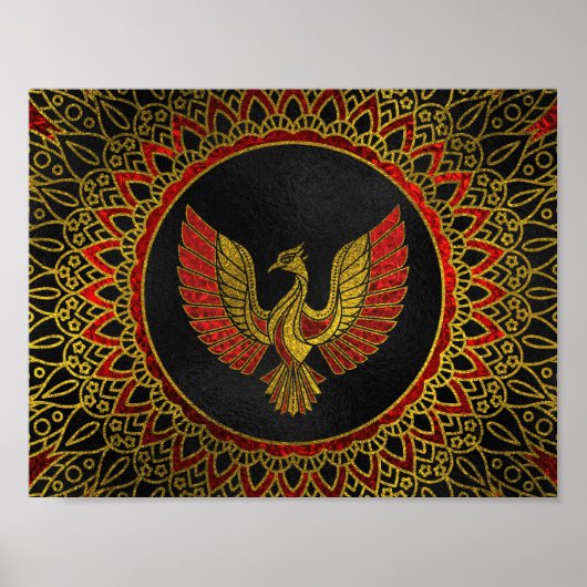 Goud en rood Gedecormeerd Phoenix vogelsymbool Poster (Voorkant)