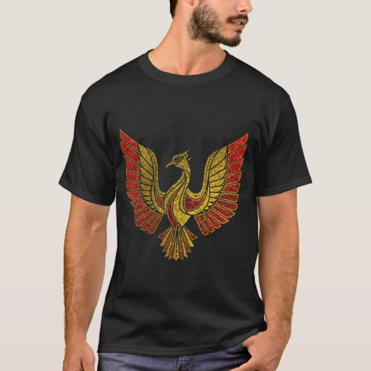 Goud en rood Gedecormeerd Phoenix vogelsymbool T-shirt (Voorkant)