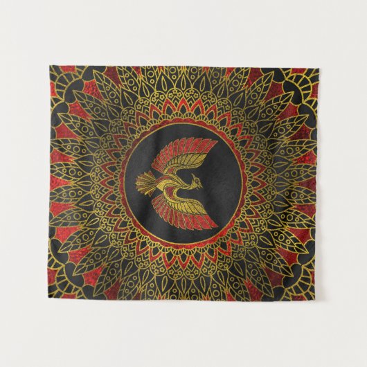 Goud en rood Gedecormeerd Phoenix vogelsymbool Wandkleed (Voorkant (horizontaal))