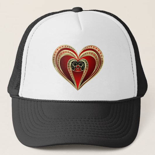 Goud en rood hart trucker pet (Voorkant)