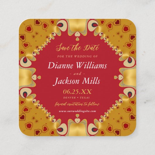Goud en rood harten Bespaar op de datumkaarten Vierkante Visitekaartje (Achterkant)