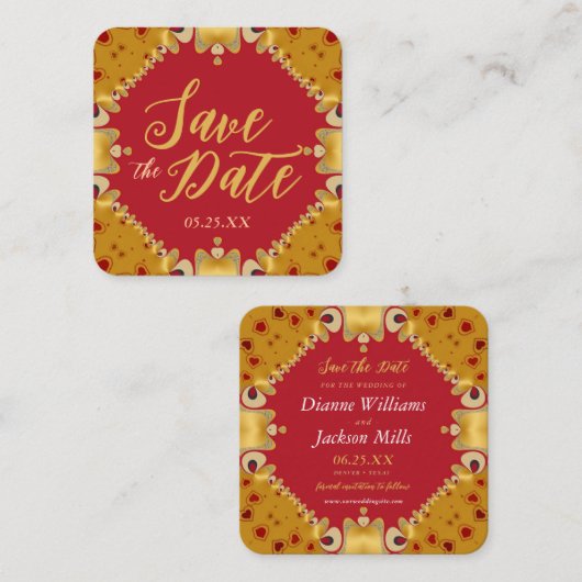 Goud en rood harten Bespaar op de datumkaarten Vierkante Visitekaartje (Voorkant / Achterkant)