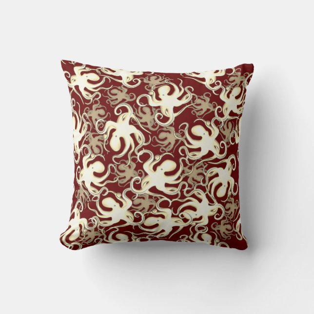 Goud en Rood Herhalend Motief | Octopuspatroon Kussen (Voorkant)