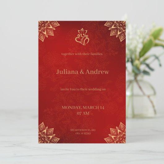 Goud en Rood Klassiek Traditioneel Bloemmotief Kaart (Staand voorkant)