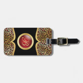 Goud en Rood Luipaard Dierprint | Monogram Bagagelabel (Voorkant horizontaal)