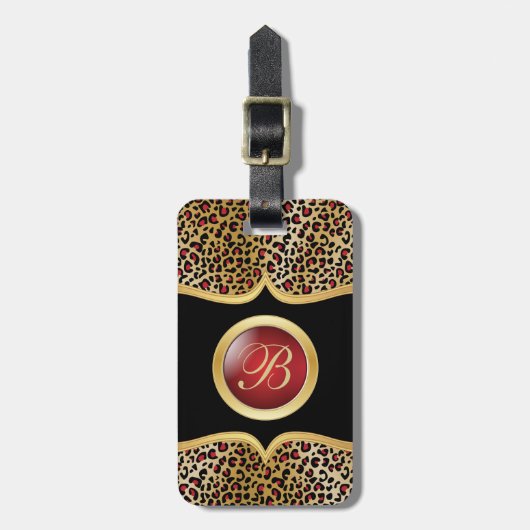 Goud en Rood Luipaard Dierprint | Monogram Bagagelabel (Voorkant verticaal)