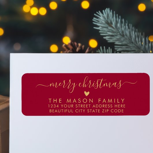Goud en rood script hart kerst terug adres etiket